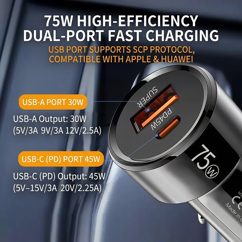 75W Dual Port Autolader PD 45W - Usb C Hub recensie en prijs
